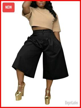 High Waisted Pleated Wide Leg Cropped Capri Palazzo Pants